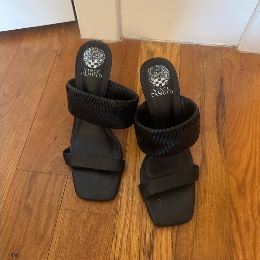 Vince Camuto Black Braided Double-Strap Slide Heels